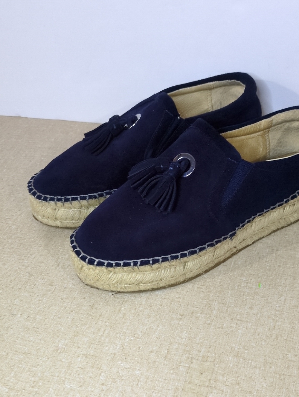 Navy Suede Leather Tassel Espadrille Slip-Ons Platform Beach Euro Summer W9 Jute